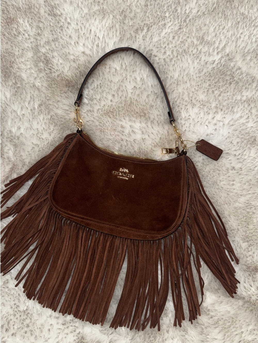 Coach Brown Suede Fringe/ Tassel Shoulder Bag with Gold Hardware